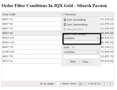 Order Filter Conditions In jQWidget JQX Grid